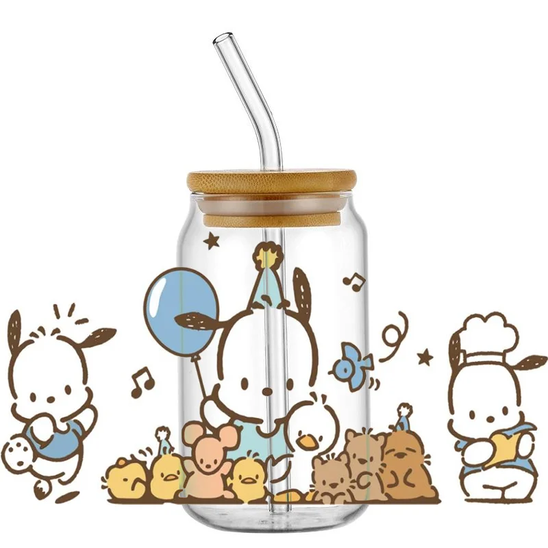 Miniso Pochacco stiker Bungkus anjing stiker tahan air UV cangkir DTF Mug membungkus stiker DIY 3D bungkus Decal untuk 16oz Libbey Glass