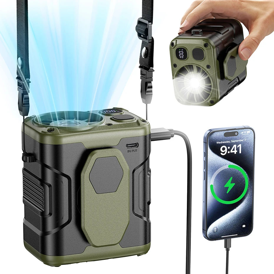 10000 mAh tragbarer Taillenventilator mit Powerbank, LED-Beleuchtung, hängender Halsventilator, 5 Geschwindigkeiten, starker Luftstrom, Kühlventilator für Arbeiten im Freien