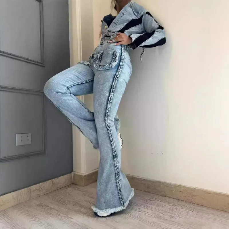 2025 Trendy European And American Fashion High-Waisted Flared Jeans With Twisted Elastic Denim - Tailor-Made Suits