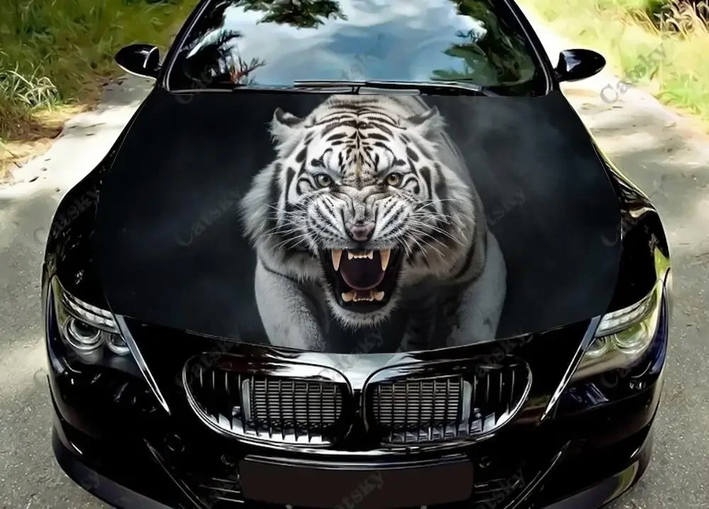 

White Tiger with Big Mouth Car Hood Vinyl Stickers Wrap Vinyl Film Engine Cover Decals Sticker on Car Auto Accessories