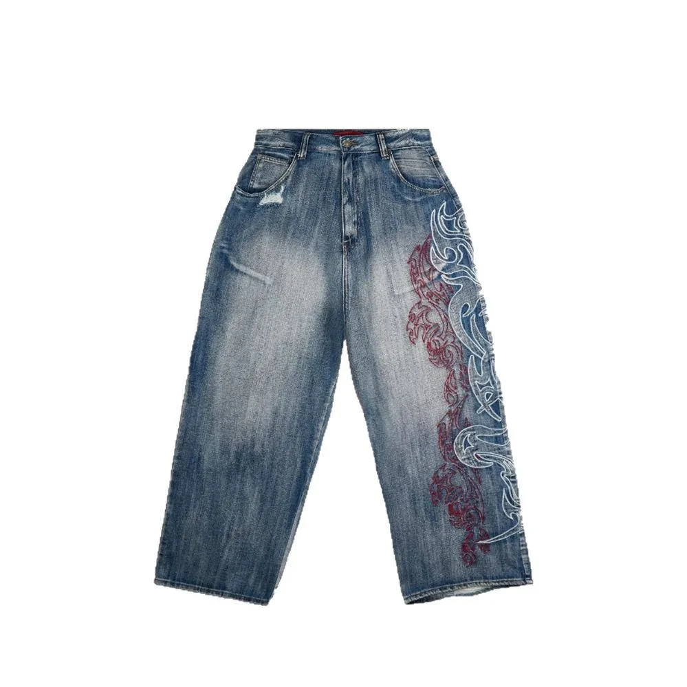 High Street Embroidered Baggy Pants Men Vintage Straight Jeans Women Unisex Wide Leg Denim Pants Fashion Men Y2k Pants