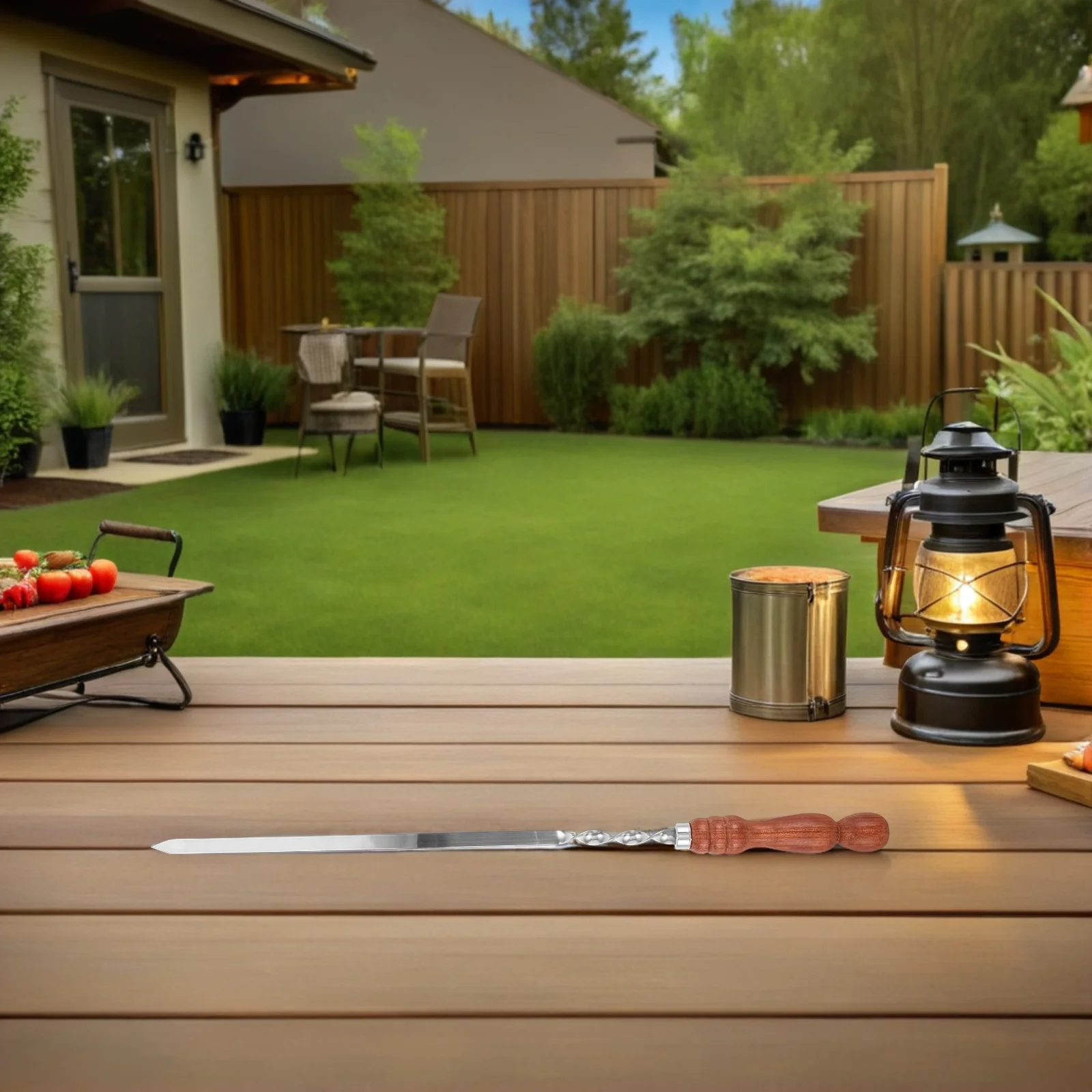 

Reusable Stainless Steel Kebab Skewers Set Wide Metal Bbq Sticks with Wood Handle for Shish Kabob Grilling Tools