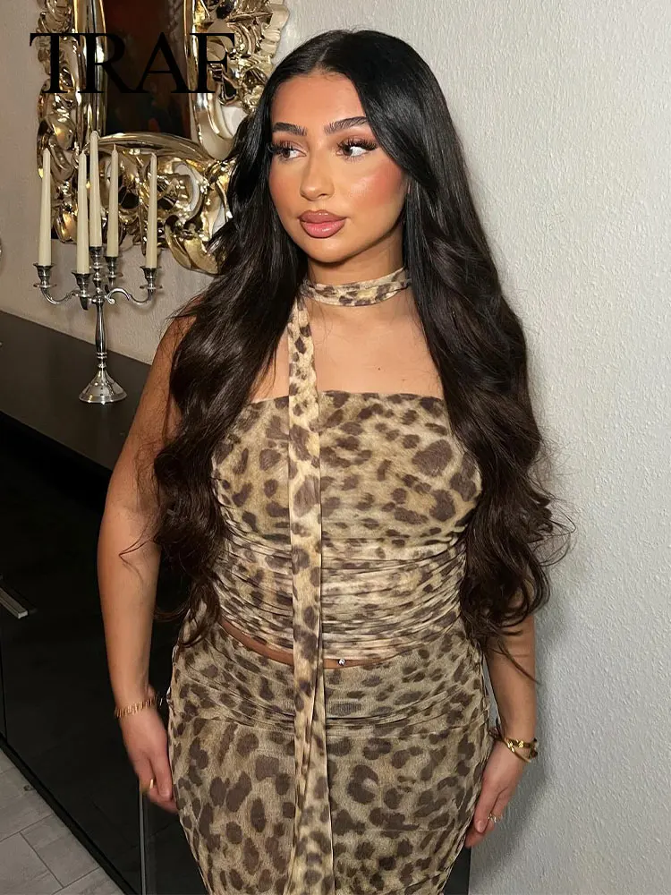 TRAF 2024 estate nuovi set da donna Tulle Halterneck pieghe Leopard Print Tube Top + a-line Chic Wild Streetwear gonna lunga femminile