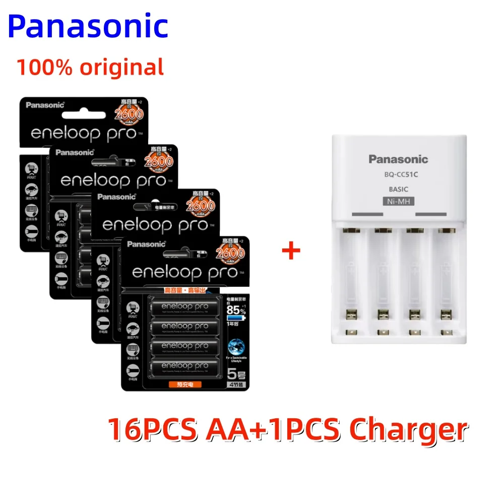 100% originele Panasonic Eneloop Pro AA 2600mAh 1.2V NI-MH voorgeladen oplaadbare batterijen met oplader, voor cameraflitser speelgoed