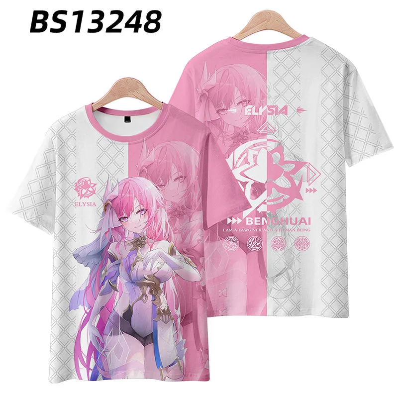 

New! Honkai Impact 3 Elysia 3D Printing T-shirt Summer Round Neck Kimono Short Sleeve Popular Game Streetwear