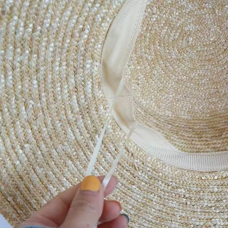 Summer Ribbon hat Wide side sun cap Women Wheat Panama style Straw Hats 11cm Wide Brim Holiday Beach Hat Ladies Sun Cap