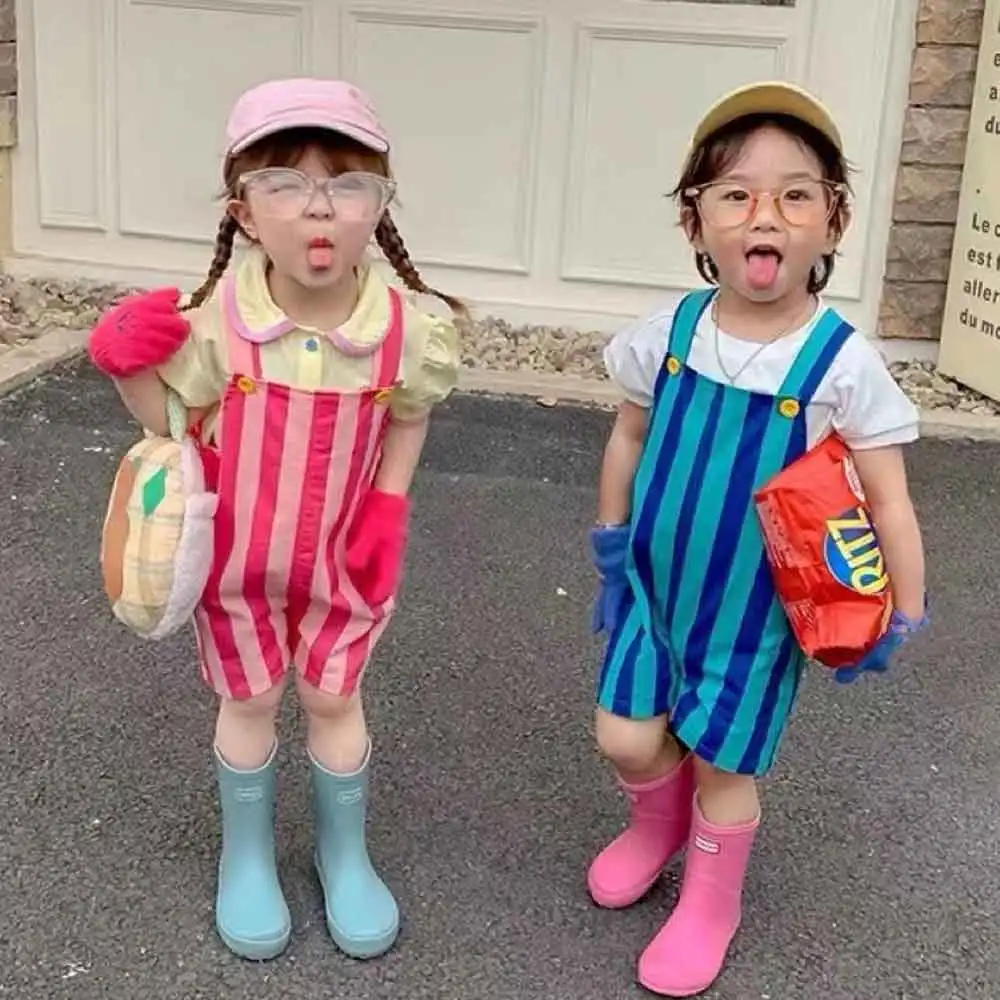 

Baby Girls Boys Jumpsuit Toddler Kids Pocket Cartoon Short Suspender Pant Striped Overalls 2025 Summer Children's Clothing