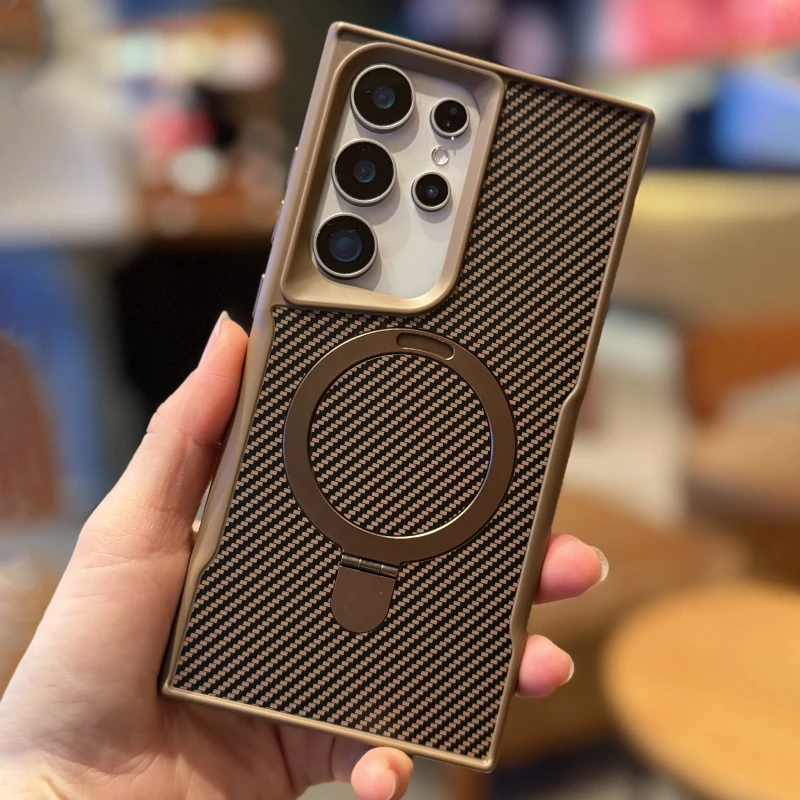 For Samsung Galaxy S24 S23 S22 S25 Ultra Plus Carbon Fiber Texture Magnetic Holder Phone Case Wireless Charging Shockproof Cover