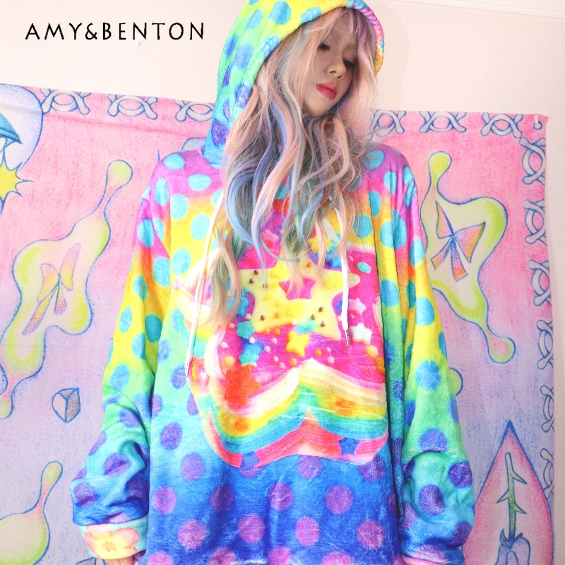 

2025 Autumn Winter New Colorful Star Print Women's Clothing Original Design Polka Dot Y2k Loose Hooded Fleece Sweatshirts Ladies