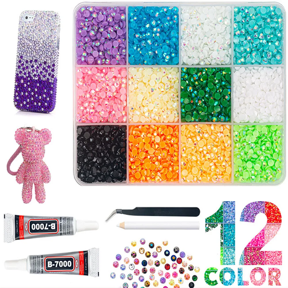 Box set of 12 colors 3mm jelly resin flat bottom rhinestones for DIY phone cases, shoes, nail art decoration