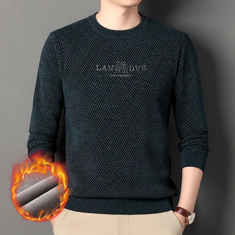 Winter New Chenille Solid Color round Neck Sweater Men's Fleece-lined Thickened Casual Sweater Warm Top