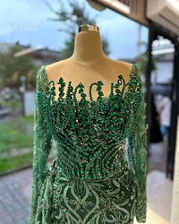 Lowime Arabic Green Evening Dresses Long Sleeves Side Train Mermaid Prom Dress 2025 Beaded Formal Party Second Reception Gowns