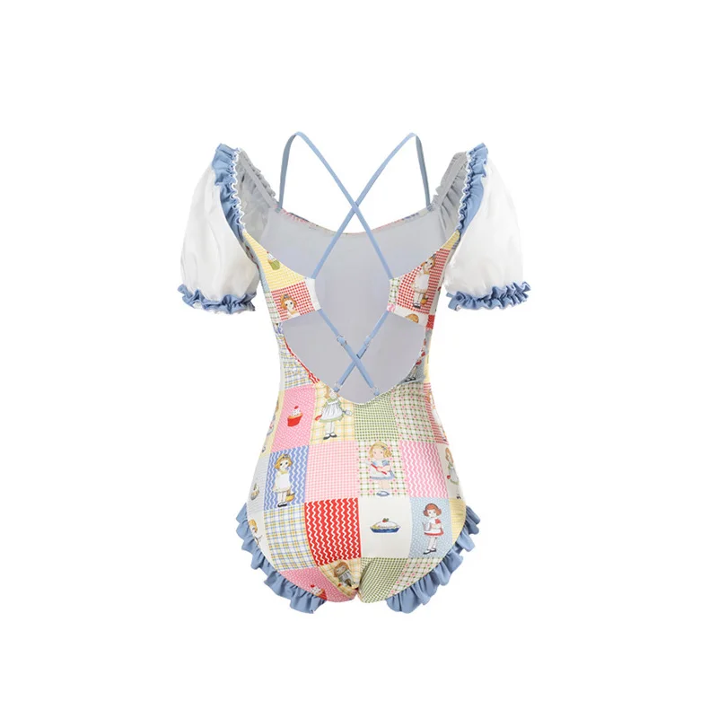 Cute Princess Puff Short Sleeves One Piece Swimsuit Swimwear Lolita Blue Ruffle Monokini Backless Bathing Suit Push Up Korea