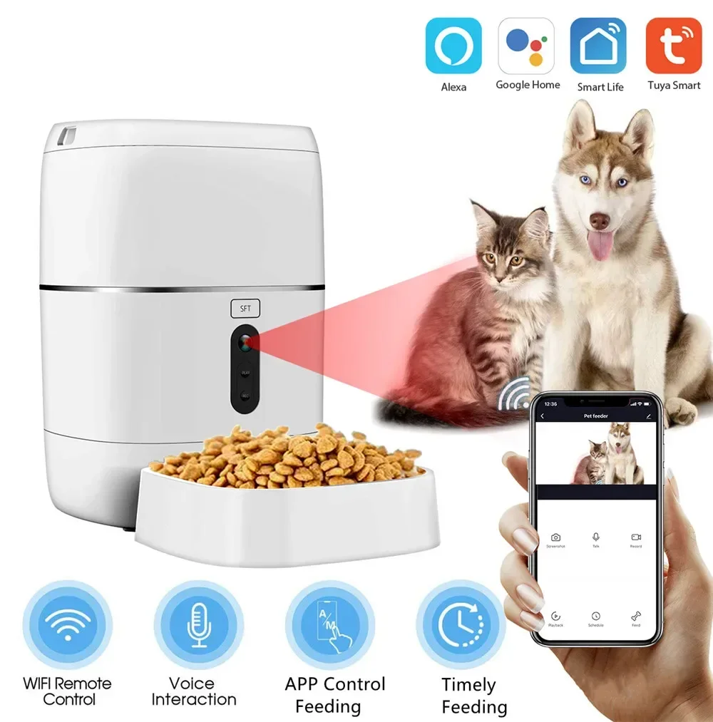 Auto Food Dispenser for Pet Dogs and Cats, Voice Recording, LCD Screen, Dry Food Bowls, Video Feeder, Drinking Bowl, 6L