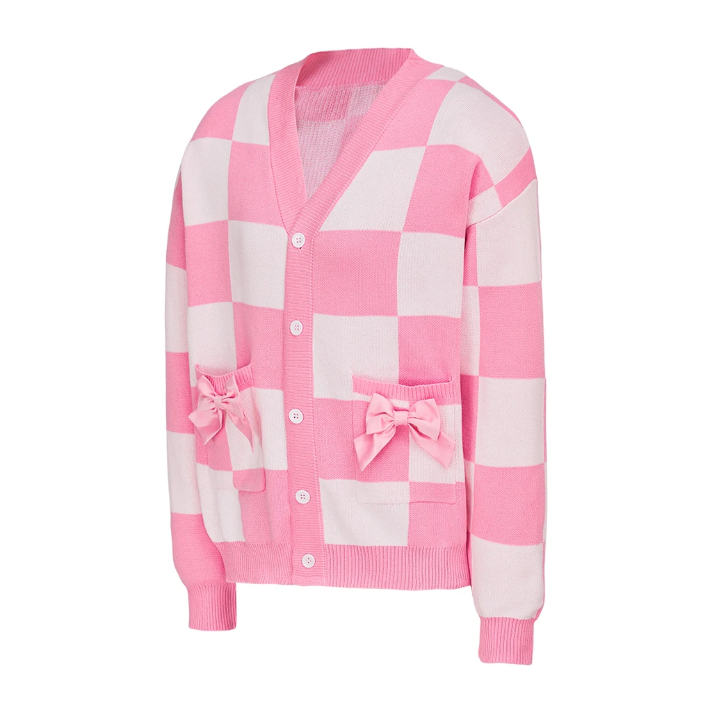 Margot Robbie Cosplay Pink Plaid With Bow Tie Sweater Casual Knitted Jacket Top Warm Coat Girl Women Halloween Costume