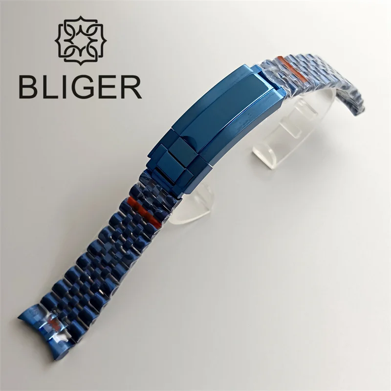 BLIGER Electroplated Blue 20mm Watch Band 904L Stainless Steel Fold Slide Buckle Oysters/Jubilee Bracelet Fit 36mm 40mm41mm Case