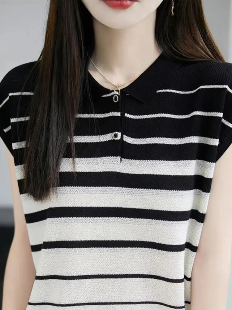 

Summer Casual Stripe Knitted Short Sleeve Women's Shirt T-Shirt Lacey Black White Flying Sleeve Versatile Base Layer