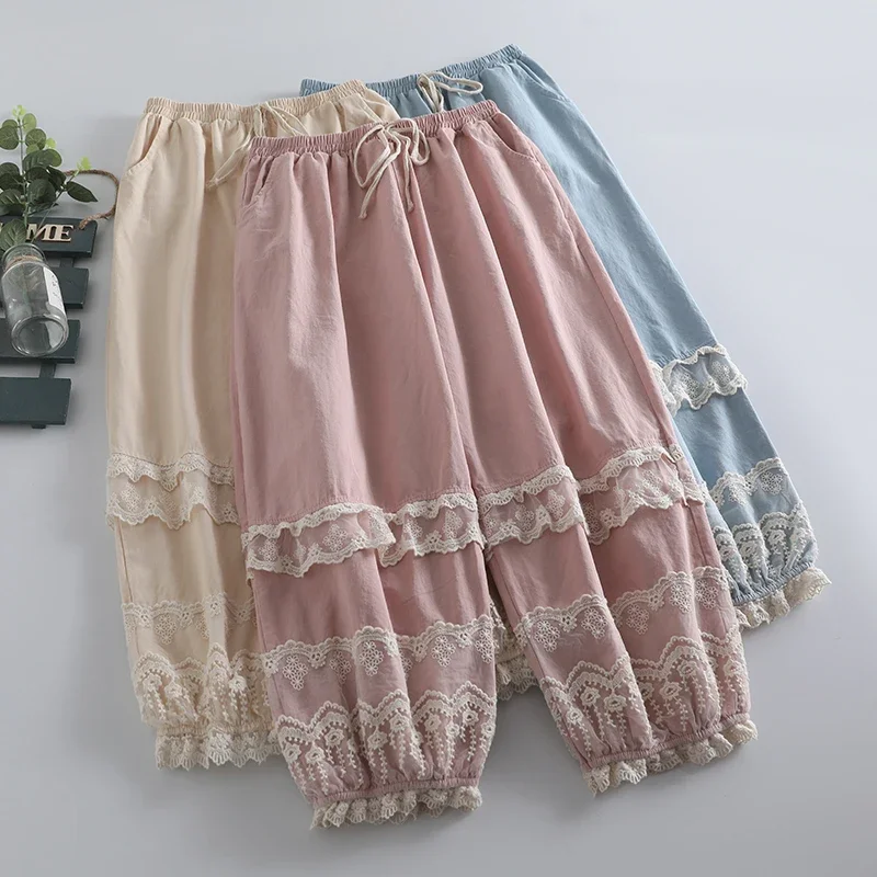 

Spring Summer Mori Girl Sweet Lace Floral Embroidery Casual Loose Pant Women Harajuku Elastic Waist Ruffles Vintage Cotton Pants