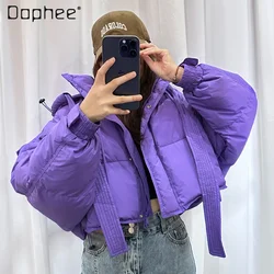 Loose Hooded Purple Short Down Jacket Women 2023 New Winter Casual Batwing Sleeve White Duck Down Thickened Puffer Coats Female