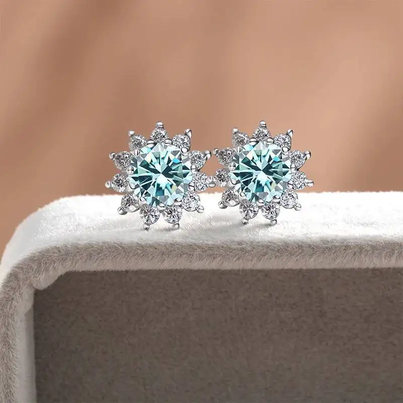1 Carat D Color Moissanite Diamond Earrings S925 Sterling Silver Jewelry For Women Sunflower Shaped Ear-Studs Wedding