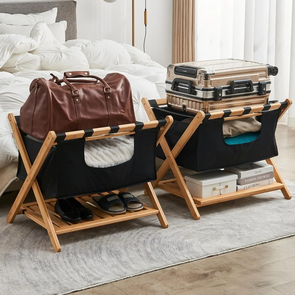 Set of 2 Bamboo Folding Luggage Rack for Guest Room with Laundry Bag & Shoe Rack, Suitcase Rack for Guest Room Must Haves