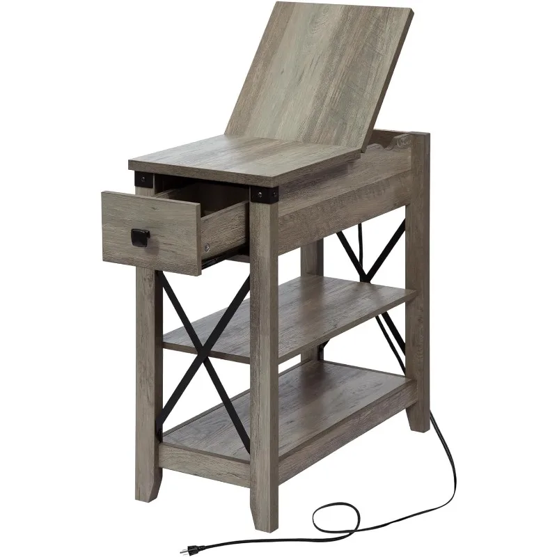 End Table with Charging Station Farmhouse Slim Side Table with USB Ports and Power Outlets, Nightstand with Flip Top and