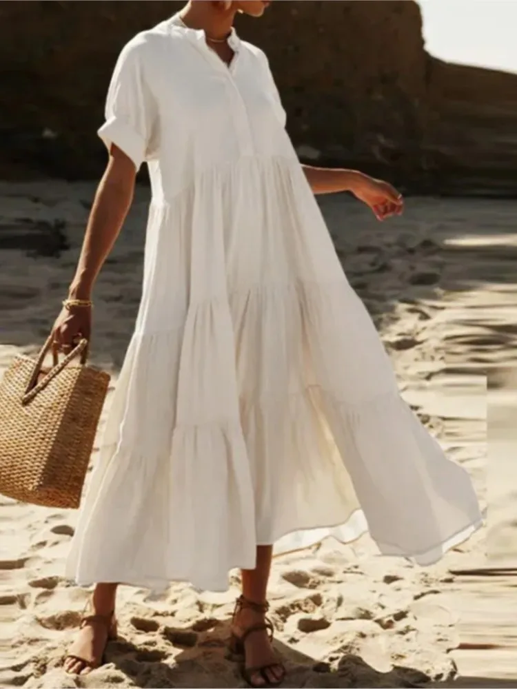 

Casual Solid Loose Dress For Women Fashion Short Sleeve V Neck Button Pullover Dresses Lady Holiday Womens Clothing Summer New