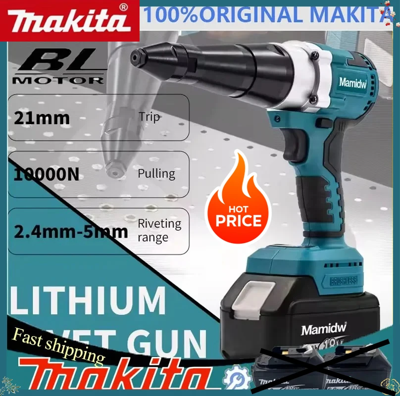

Бесщеточный электрический заклепочник Makita с LED-подсветкой, беспроводной, многофункциональный, автоматический инструмент для установки заклепочных гаек, для аккумуляторов Makita 18В