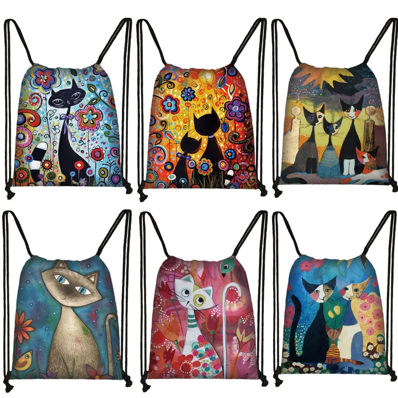 Lovely Animal Cat Pattern Women Drawstring Bag Cute Cartoon Cats Image Printed  Storage Bag Canvas Fashion Traveling Backpack