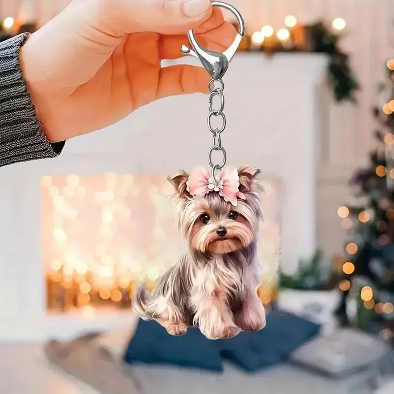 Cute Yorkshire Dog Keychain, Acrílico Punk Puppy Key Chains, Doggy Pets Keyring, Presentes de mochila de carro para amantes de cães