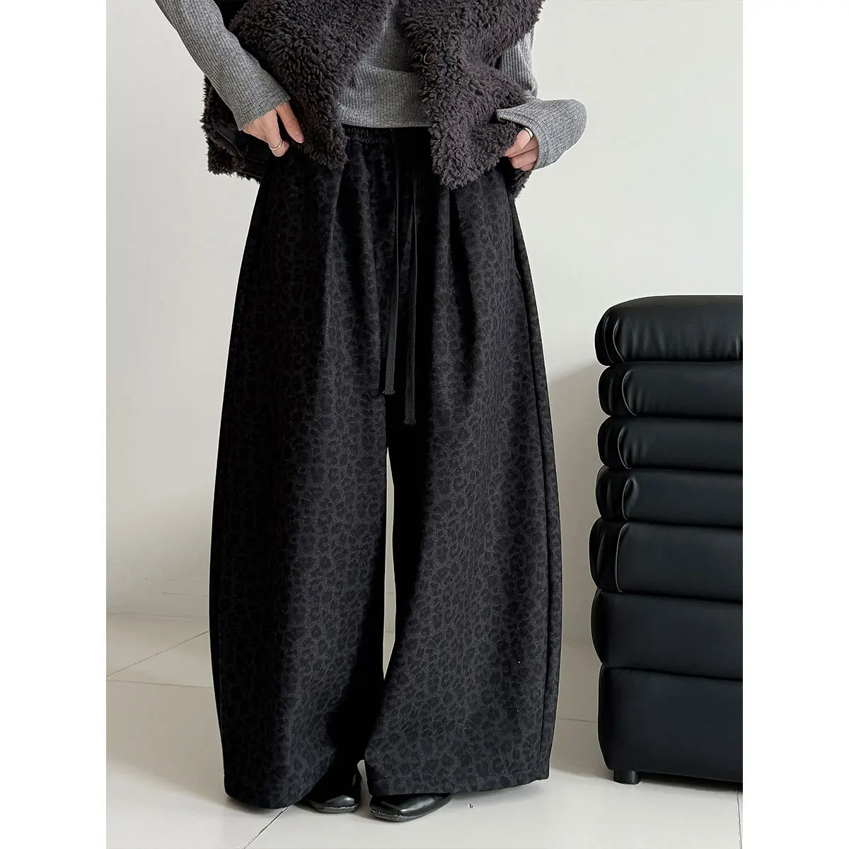 레오파드 프린트 하이웨이스트 와이드 레그 여성용 가을 겨울 두꺼운 기모 캐주얼 롱 팬츠