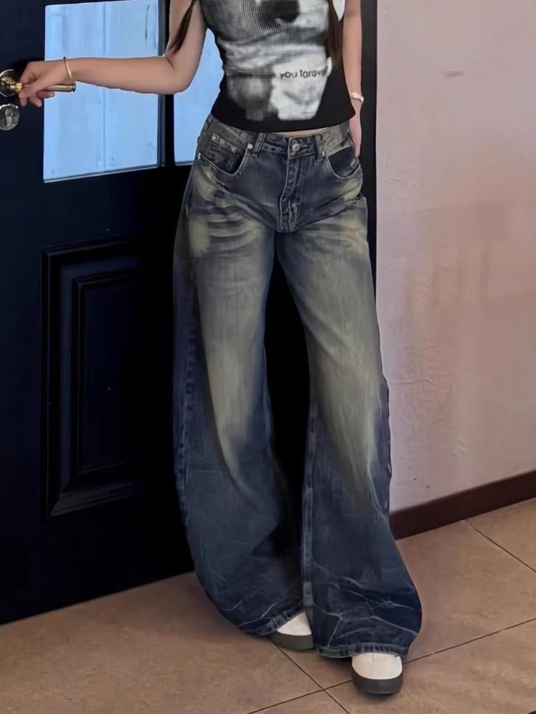 Trendy Vintage Blue Washed Loose Wide Leg Women Denim Jeans 2026 Autumn Floor Length Curved Figure Flattering Casual Trousers
