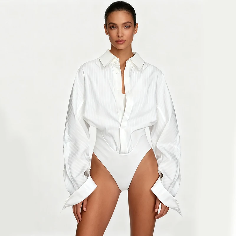 

jumpsuit Women's Body Shirt Office Lady Work Uniforms White Blouses Slim Clothes Long Sleeve Shirt Easy Care Work Tights Shirt