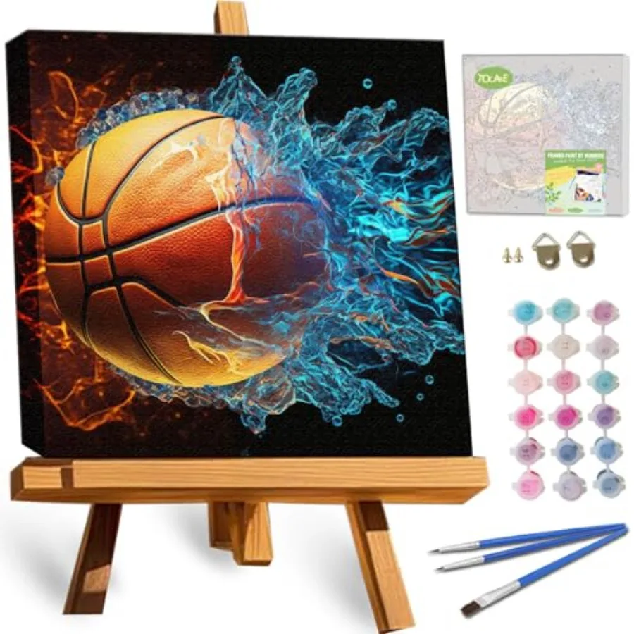 

Framed Paint by Numbers Kit for Adults Beginners and Ages 8-12, 12x12inch Basketball Paint by Number with Frame, Cartoon Sports