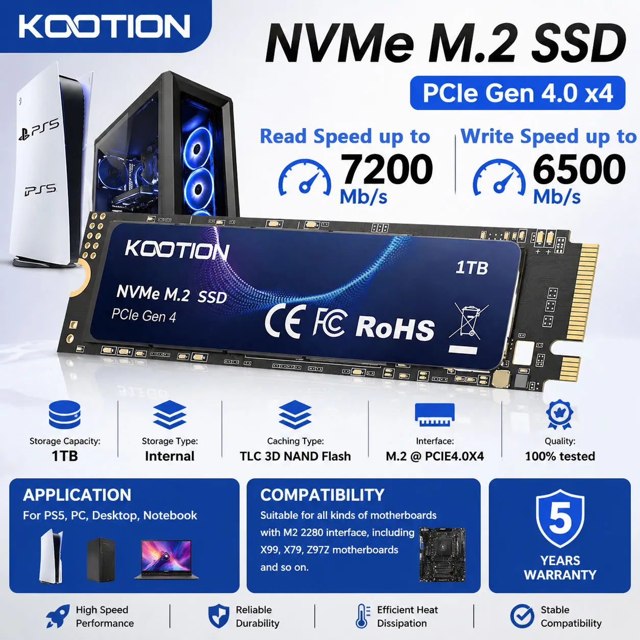KOOTION X16PLUS NVMe M.2 SSD 1TB Disco Rígido Interno de Estado Sólido M2 PCIe 4.0x4 2280 para PS5 Laptop PC