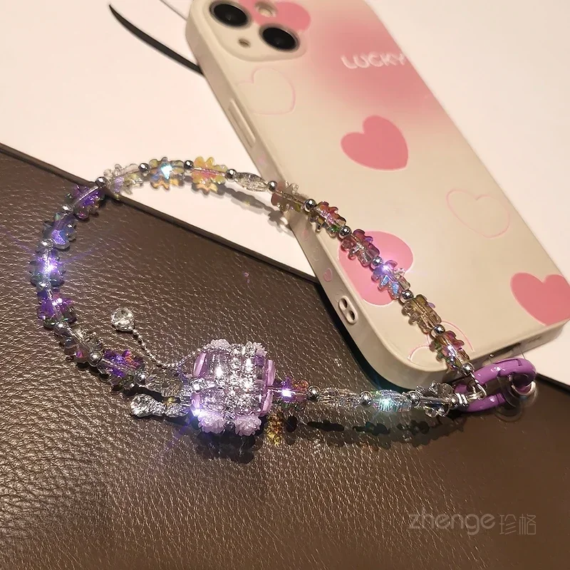 Mobile Phone Lanyard Short Wrist Strap Tassel Square Crystal Bear Bracelet with Sparkling Diamond Transparent Women's Clip Strap