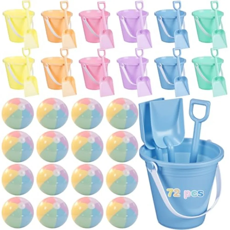 

72 Pcs Beach Toys for 24 Set Sand Buckets Shovels Bulk Pastel Beach Balls Inflatable Sand Toys for Girls Boys Toddlers Games Bi