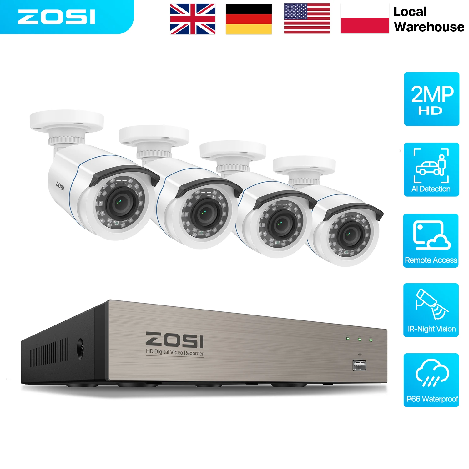 ZOSI 8CH 1080p Video Surveillance System H.265+ DVR Recorder 2MP IR Night Vision Wired Home Security Cameras Outdoor CCTV Kit