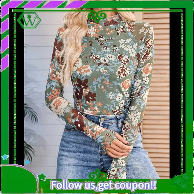 A18P-Ladies Lace Long Sleeve Floral Mesh Stand Collar Outing Top