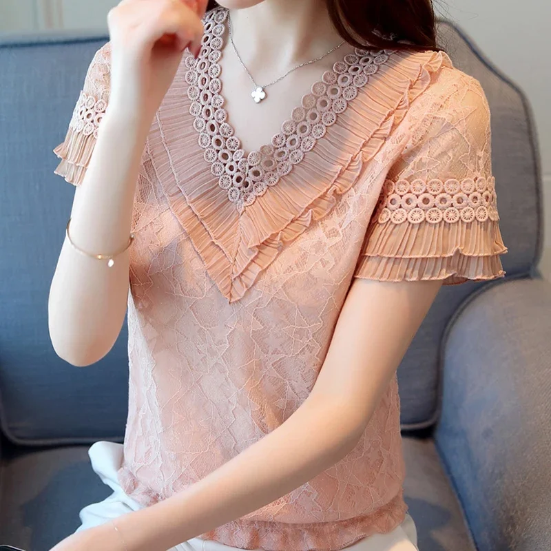 Summer Women Blouse Shirt Short Sleeve Ruffles V-Neck Lace Blouse Women Tops Women Blusas Mujer De Moda 2024 Blouses Femme F31