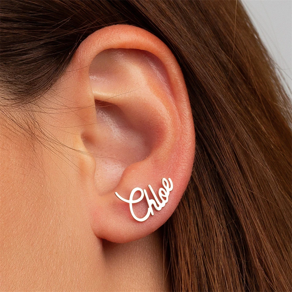 Script Name Stud Earrings Custom Name Daily Wearing Accessories Personalized Jewelry Gold Plated Nameplate Earrings Mother Gift