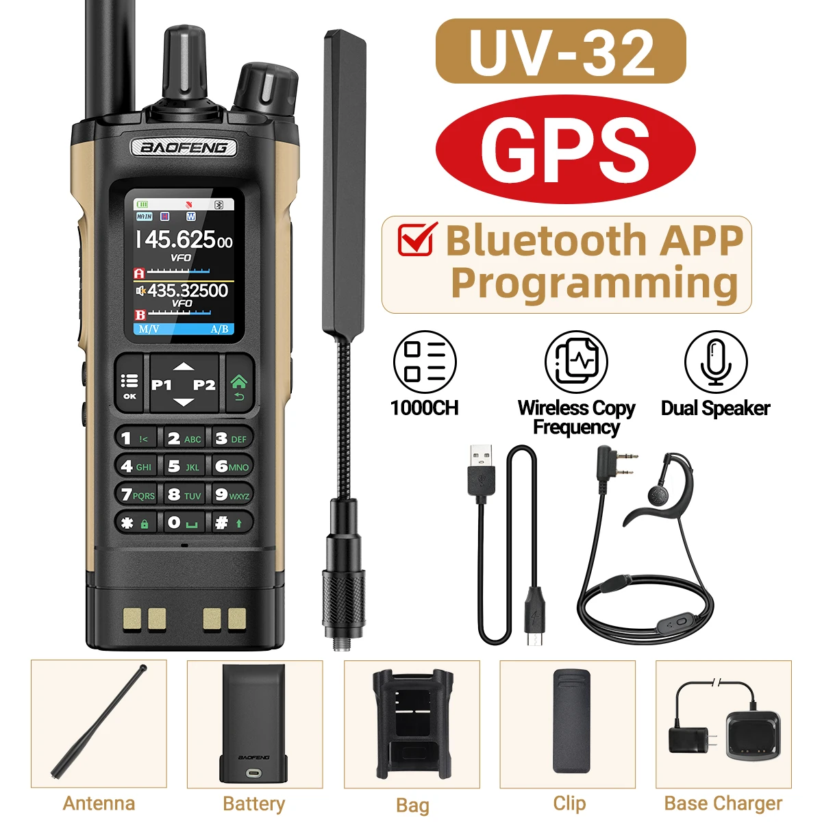 BAOFENG UV-32 GPS Air Band Walkie Talkie Lange afstand 10W Multi Band Bluetooth Programmering Draadloze kopieerfrequentie Tweerichtingsradio