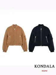 KONDALA Vintage Casual Chic Bomber Jacket Solid Zipper O-neck Pocket Long Sleeve Coats Fashion 2023 Autumn Winter Outwears