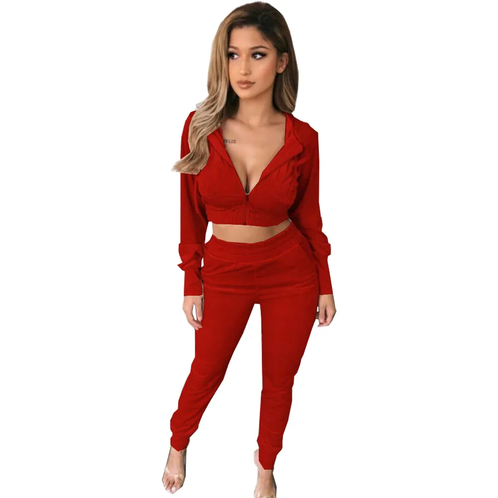 SUSOLA Zipper Hooded Collar Two Piece Set Casual Irregular Long Sleeves Top and Pants Set Female Solid Skinny Women's Tracksuit