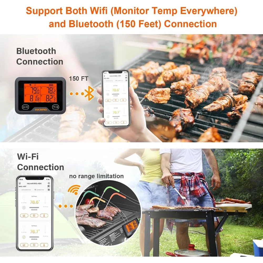 Termómetro de carne con Bluetooth y WiFi, dispositivo inalámbrico inteligente para parrilla, 4 sondas de Color, notificación móvil, temporizador alto/bajo