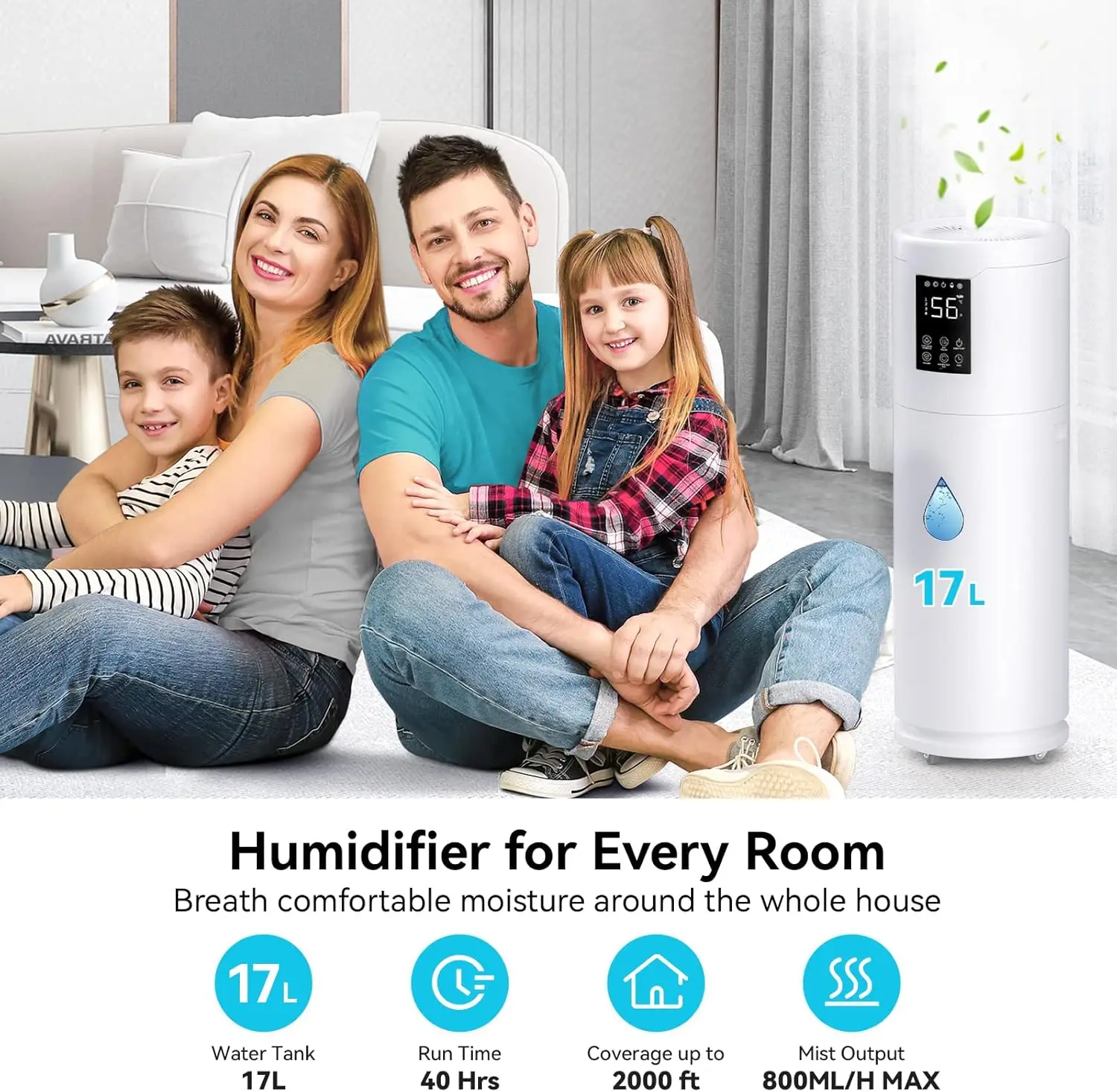 17L/4.5Gal Large Humidifier with Extension Tube & 4 Speed Mist,Top Fill