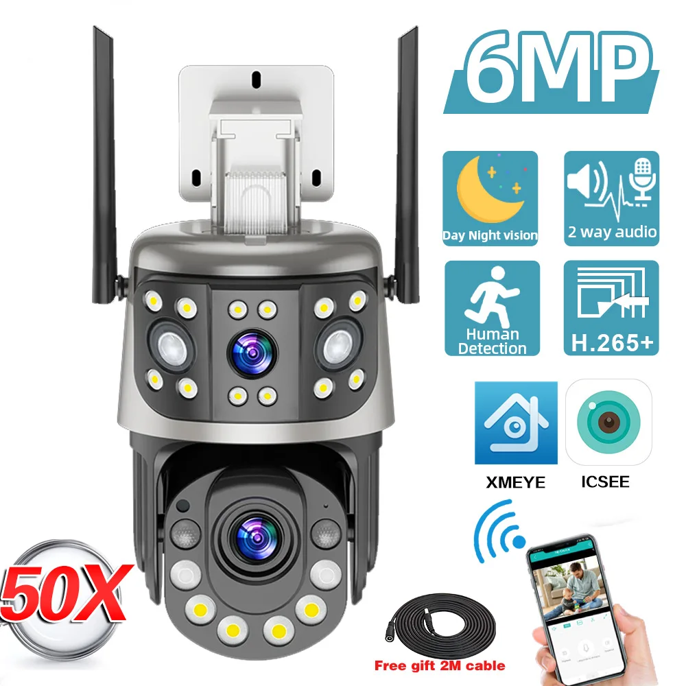 WiFi 50X Zoom 6MP PTZ Camera Outdoor Dual Lens Dual Screen Featuring Human Detection 30X Wireless CCTV Security Surveillance