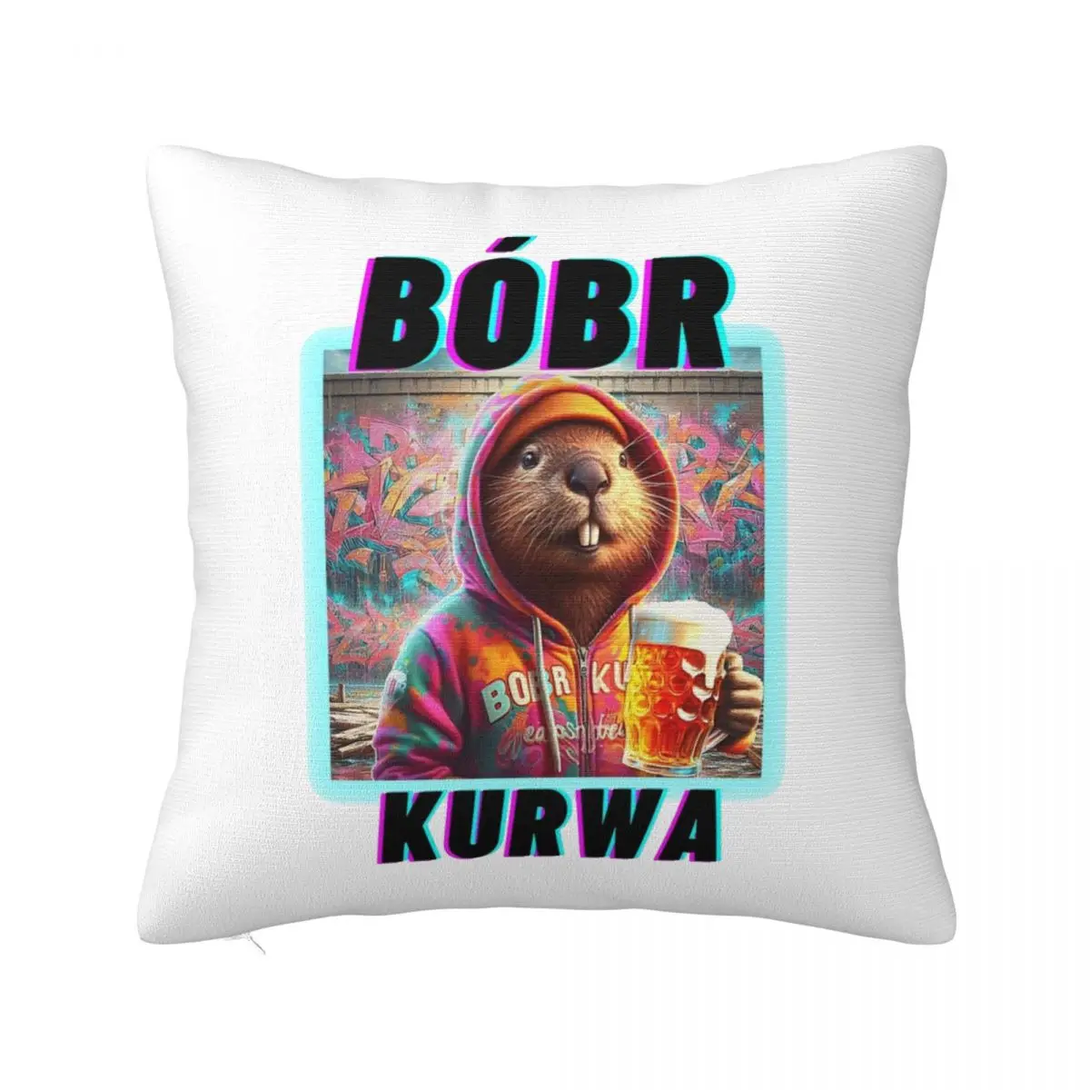 Bobr Kurwa Drinking Beer Neon Pillowcase Polyester Cushion Cover Decorations Bober Throw Pillow Case Cover Sofa Square 40X40cm