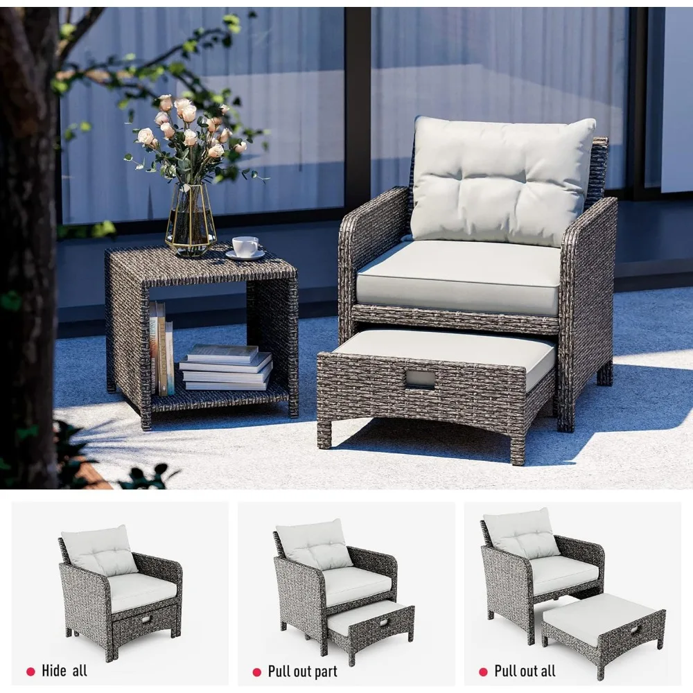 5 Pieces Wicker Patio Furniture Set,Outdoor Patio Chairs with Ottomans,Conversation Furniture with Coffetable for Garden Balcony