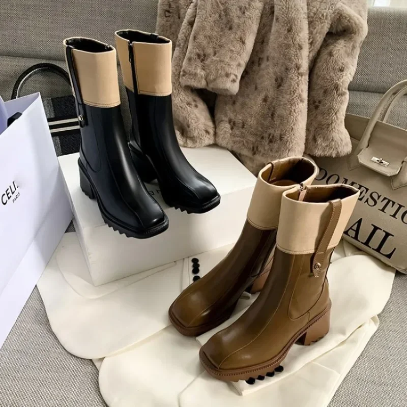 Side Zipper Winter Women Boot  New Vintage High Heel Mid Sleeve Boot Coarse Heel Leather Boot Luxury Designer Shoe Women Shoe